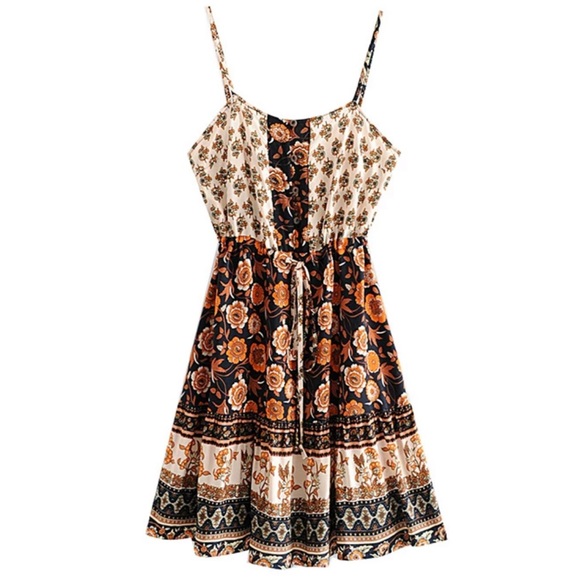 Orange Black Boho Floral Gypsy Print Cami Dress - Picture 4 of 7